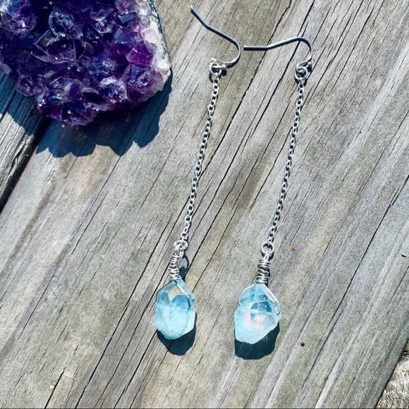 Hand Crafted Jewelry - Blue Aura Quartz Dangle Earrings